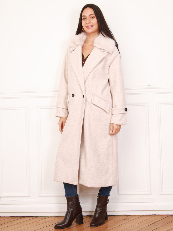 Manteau long beige à col fausse fourrure