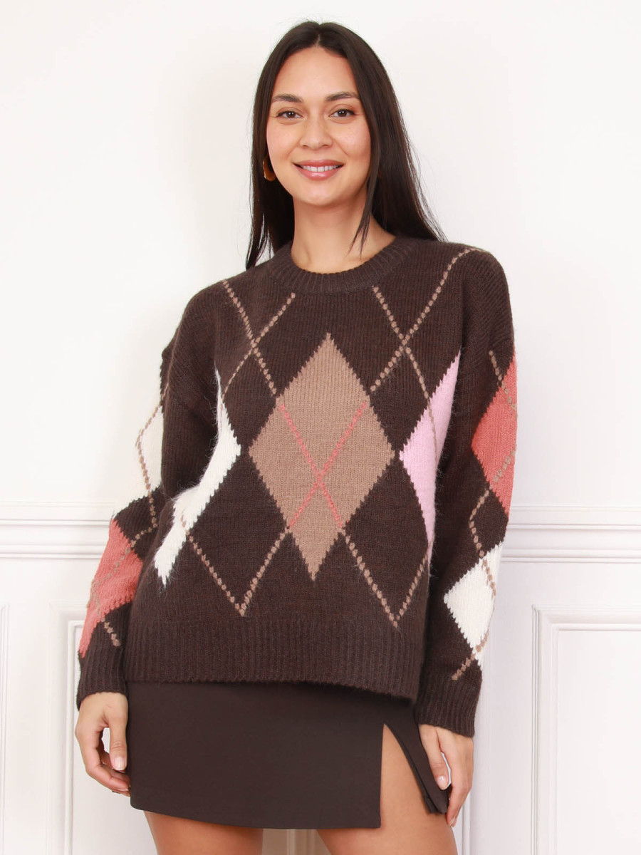 Pull jacquard à losanges marron
