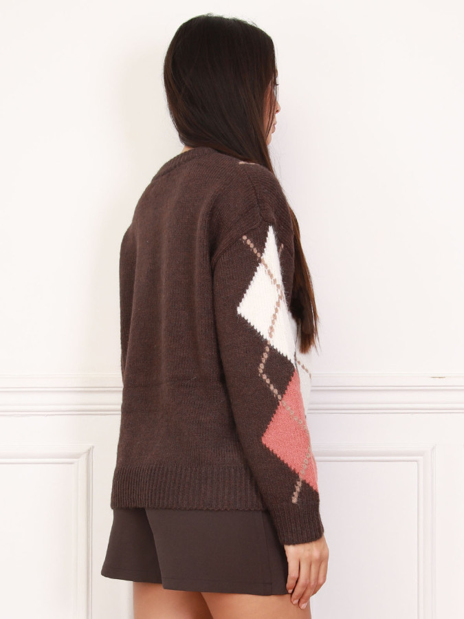 Pull jacquard à losanges marron