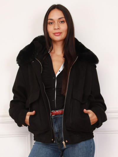 Blouson aviateur noir à col fausse fourrure