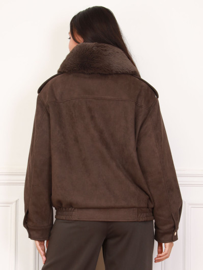 Blouson aviateur marron à col fausse fourrure