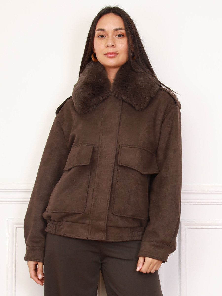 Blouson aviateur marron à col fausse fourrure