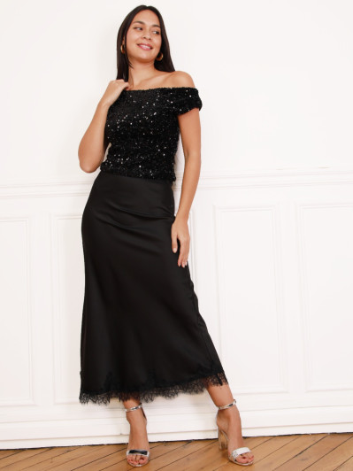 Top noir à sequins épaule asymétrique