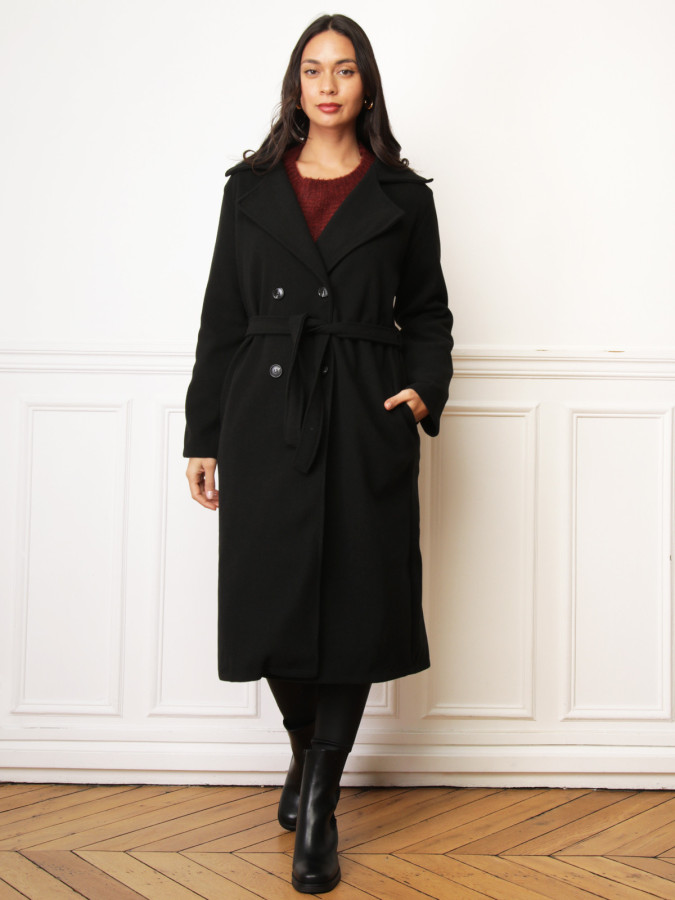 Manteau mi-long à nouer noir