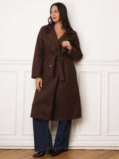 Manteau mi-long à nouer marron