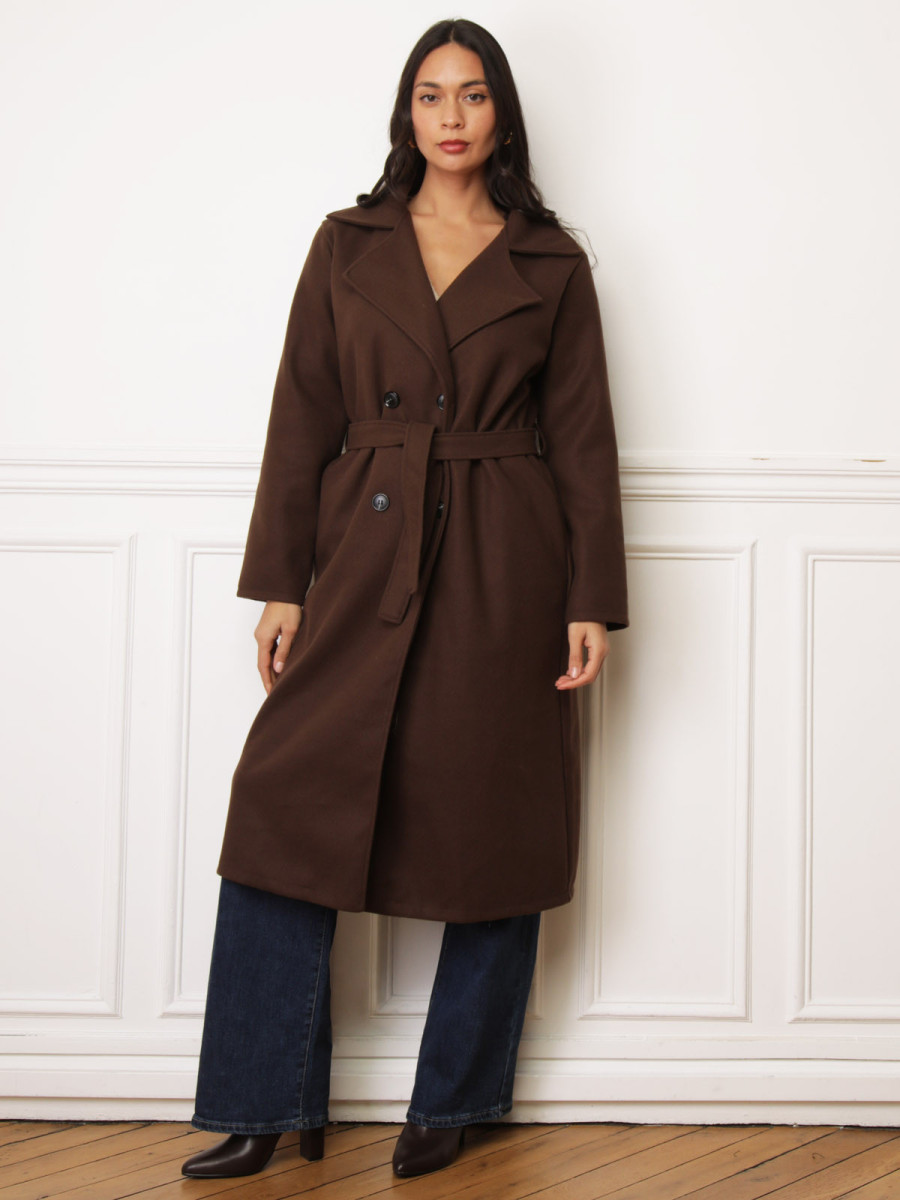 Manteau mi-long à nouer marron