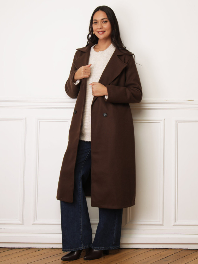 Manteau mi-long à nouer marron