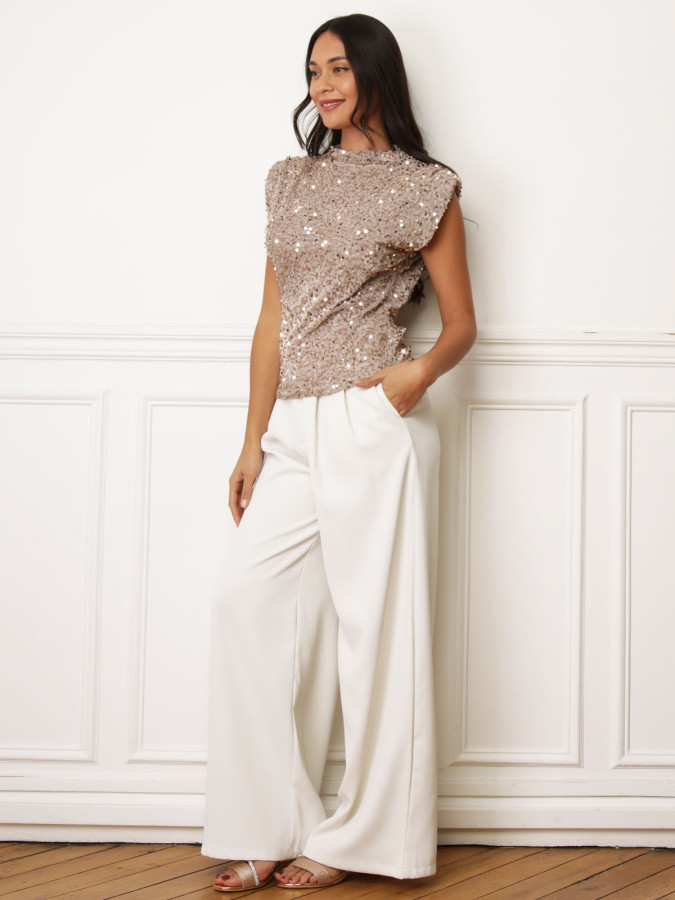Top velours à sequins et épaulettes beige