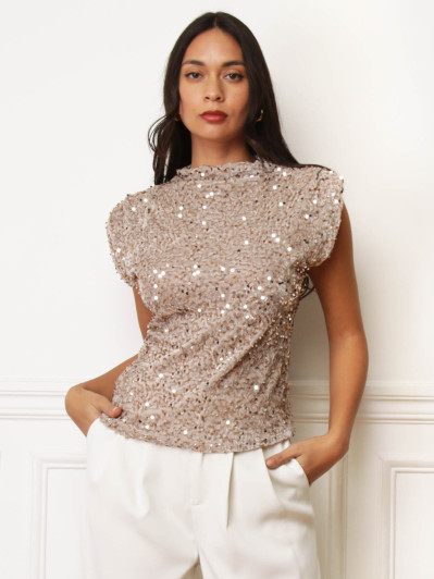 Top velours à sequins et épaulettes beige