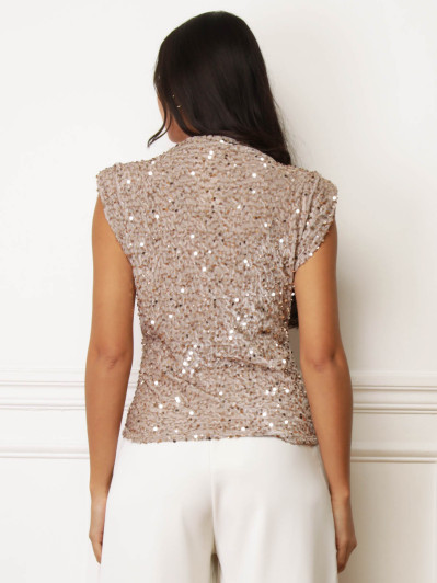 Top velours à sequins et épaulettes beige
