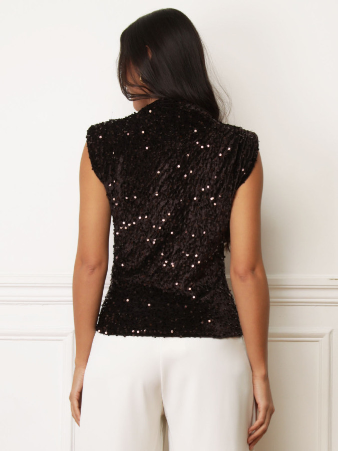 Top velours à sequins et épaulettes marron
