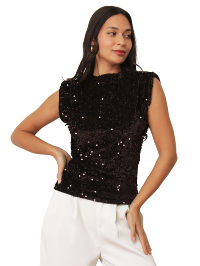 Top velours à sequins et épaulettes marron