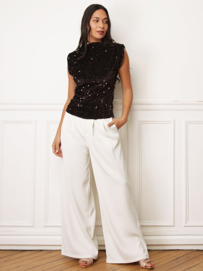 Top velours à sequins et épaulettes marron