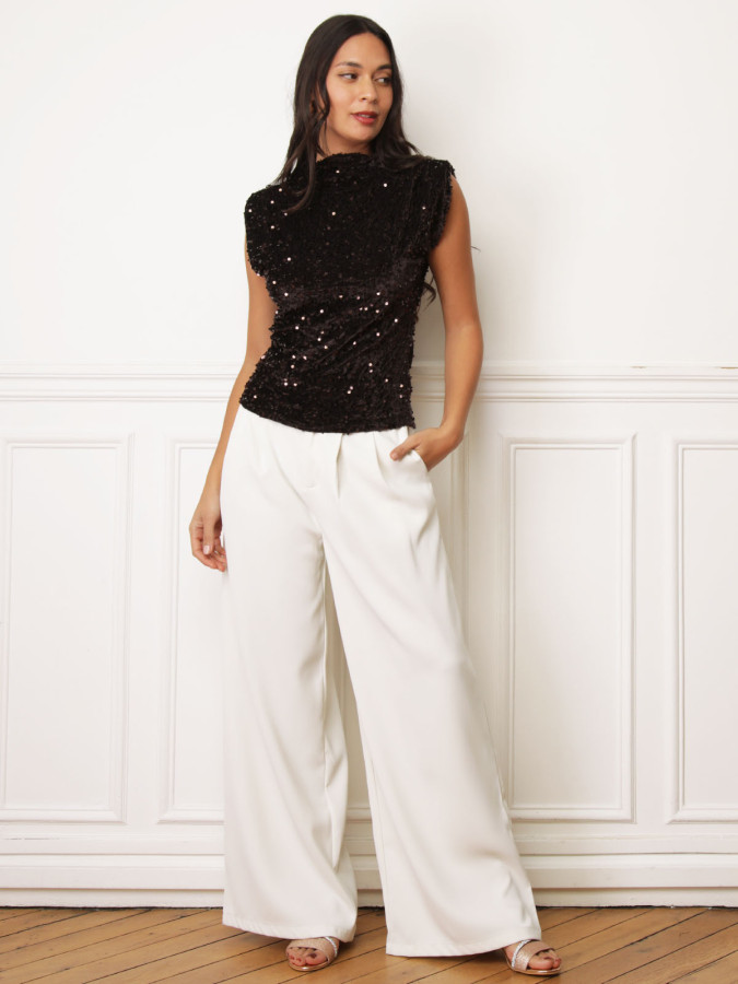 Top velours à sequins et épaulettes marron