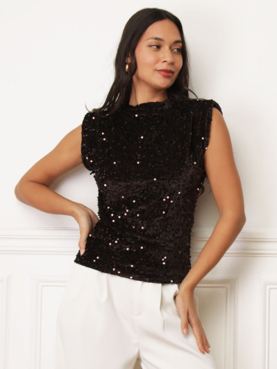 Top velours à sequins et épaulettes marron