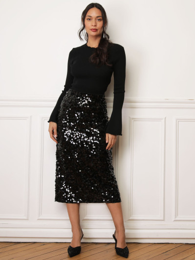Jupe mi-longue en velours et sequins