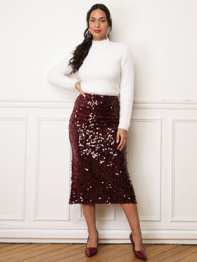 Jupe mi-longue en velours et sequins