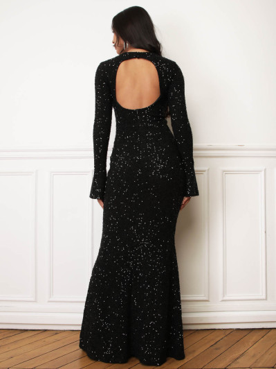 Robe sirène dos nu à sequins noire