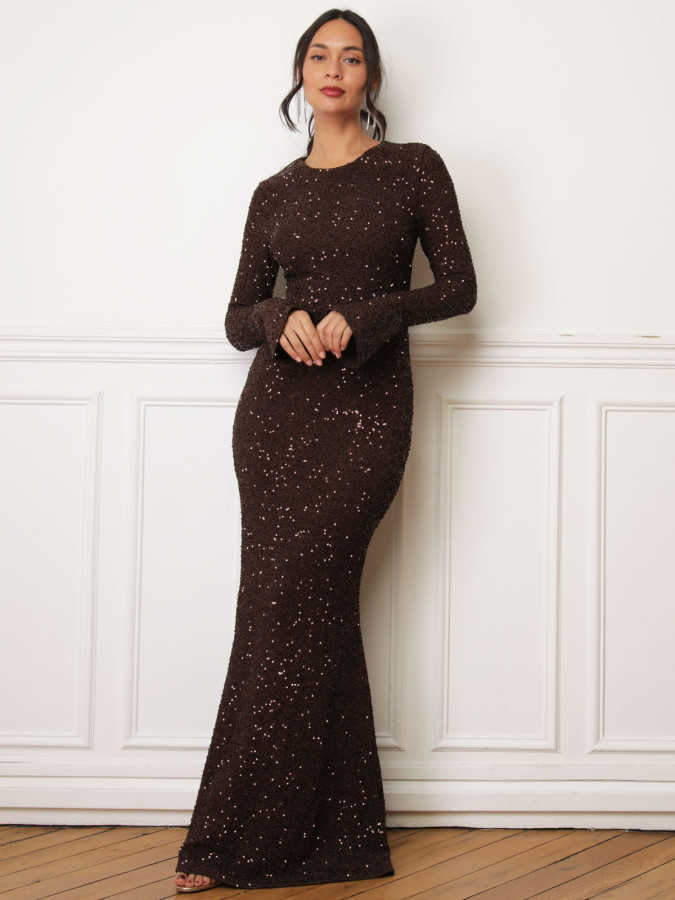 Robe sirène dos nu à sequins marron