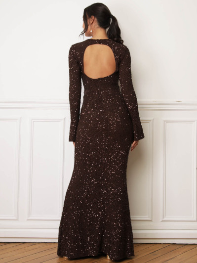 Robe sirène dos nu à sequins marron