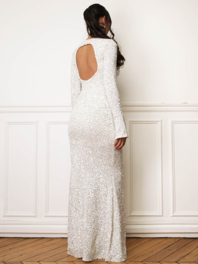 Robe sirène dos nu à sequins écru