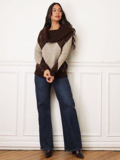 Pull col bardot marron à losanges