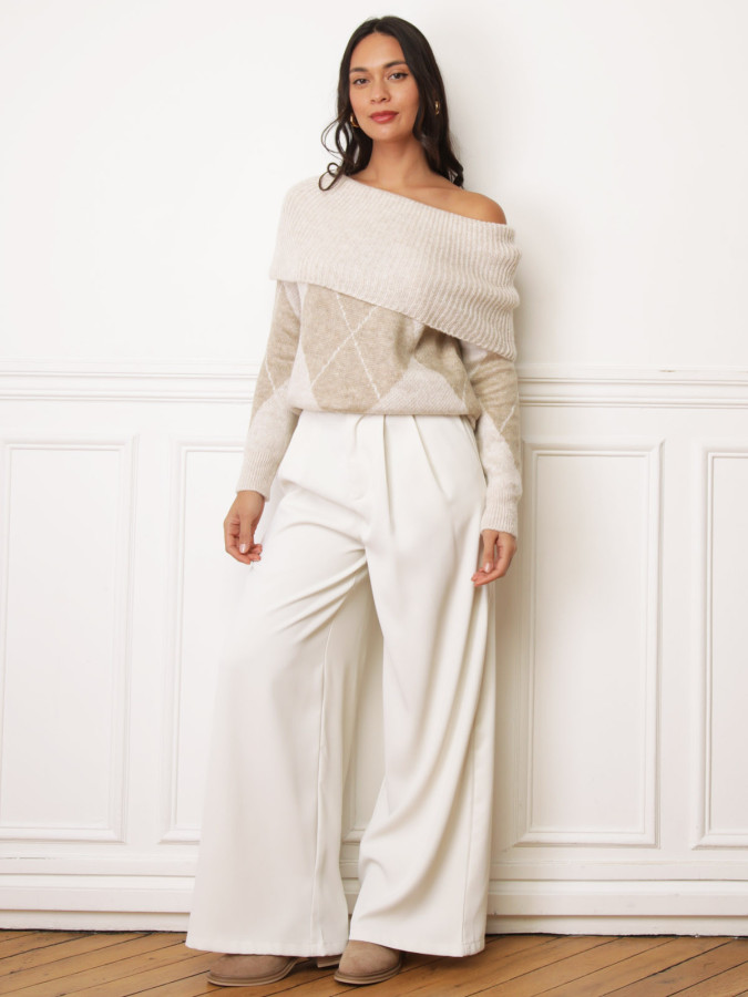 Pull col bardot beige à losanges