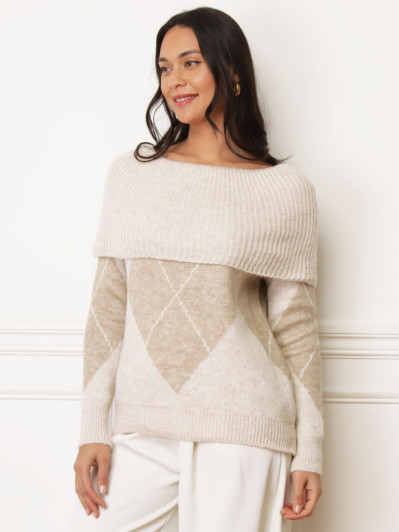 Pull col bardot beige à losanges