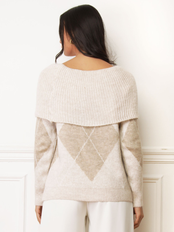 Pull col bardot beige à losanges