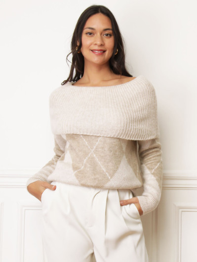 Pull col bardot beige à losanges