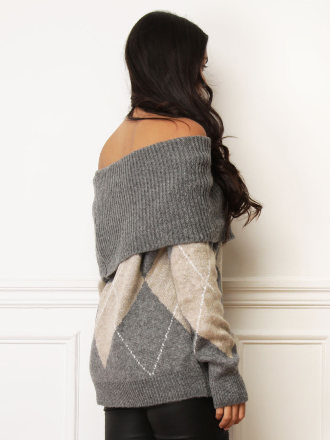 Pull col bardot gris à losanges