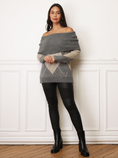 Pull col bardot gris à losanges