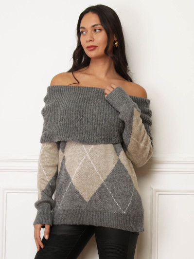 Pull col bardot gris à losanges