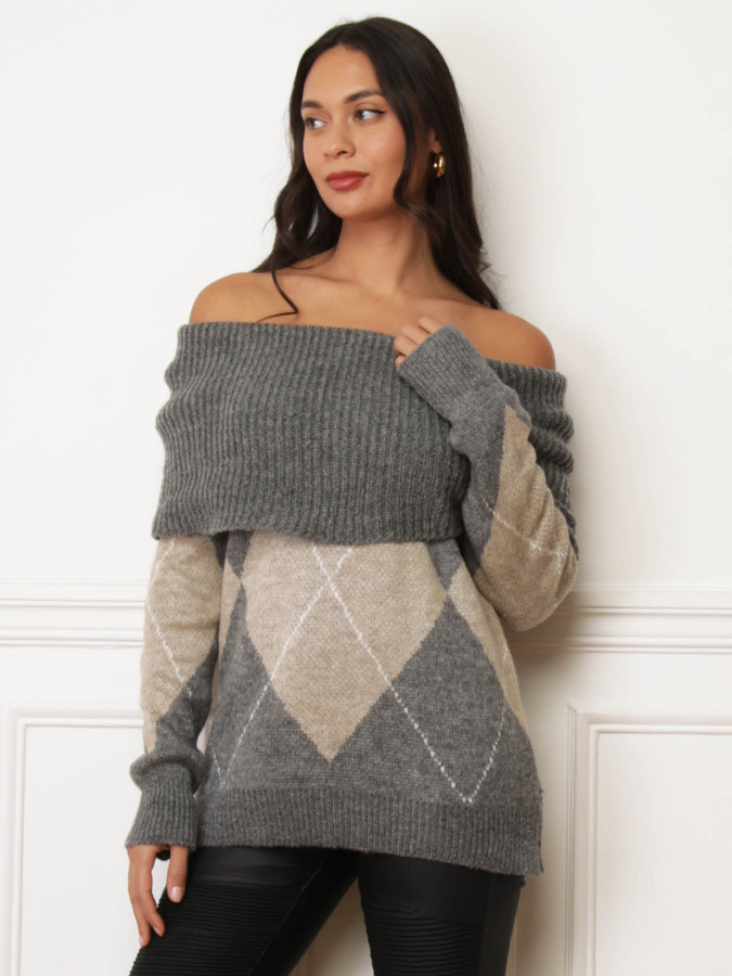 Pull col bardot gris à losanges