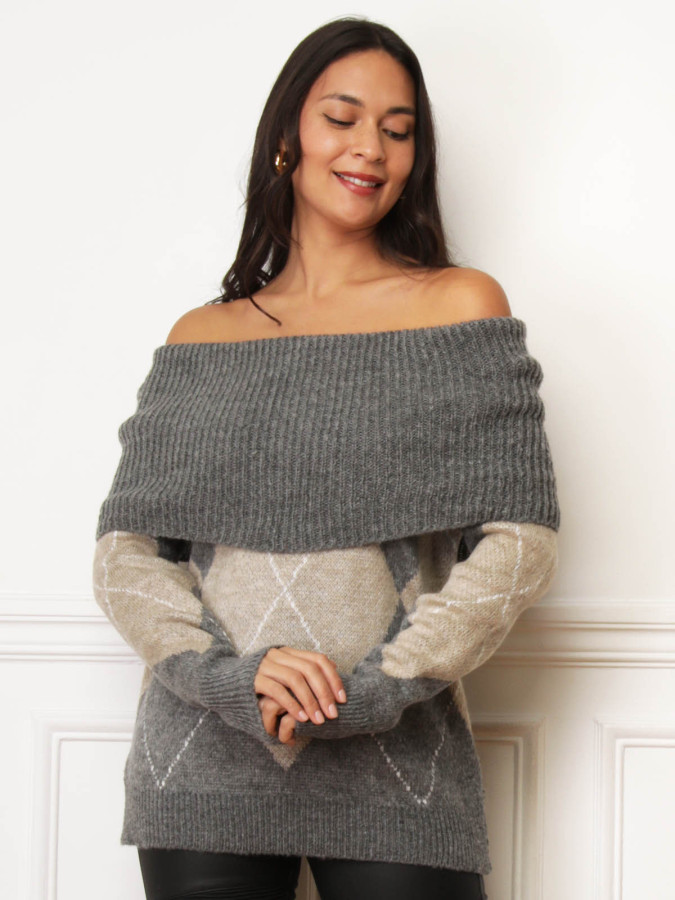 Pull col bardot gris à losanges