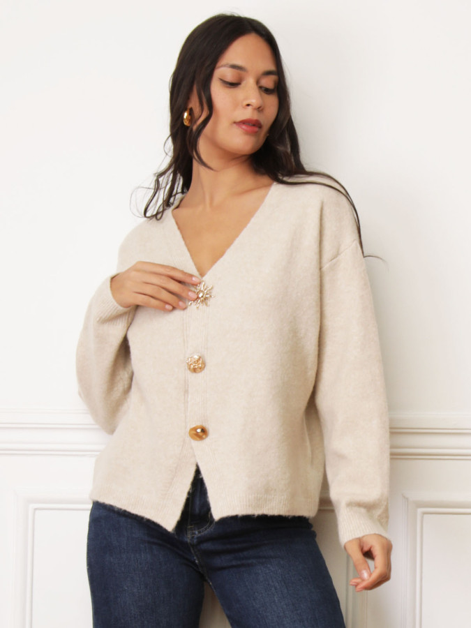 Gilet beige à boutons bijoux dorés