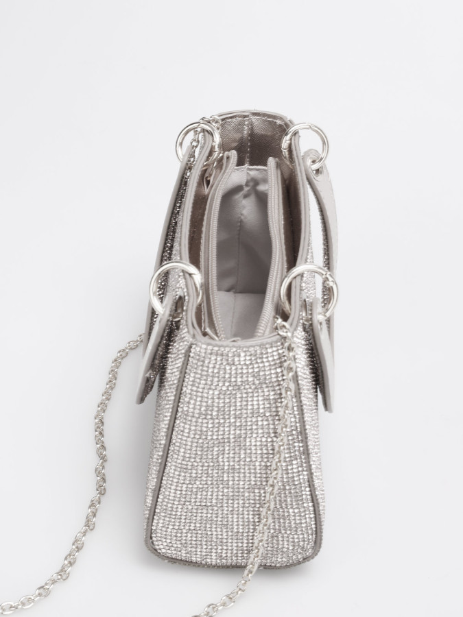 Mini sac de soirée argenté – Sac texturé avec anse et chaînette