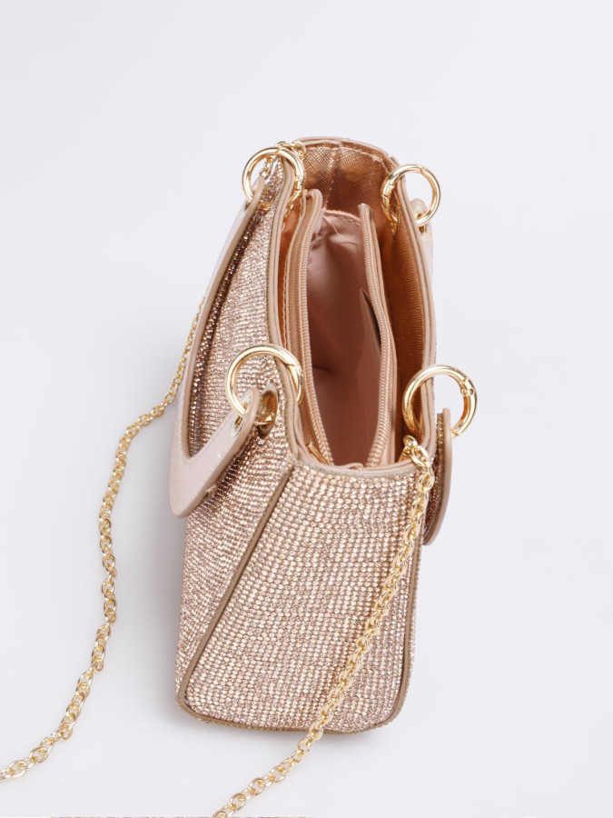 Mini sac de soirée champagne élégant – Sac texturé avec anse et chaîne