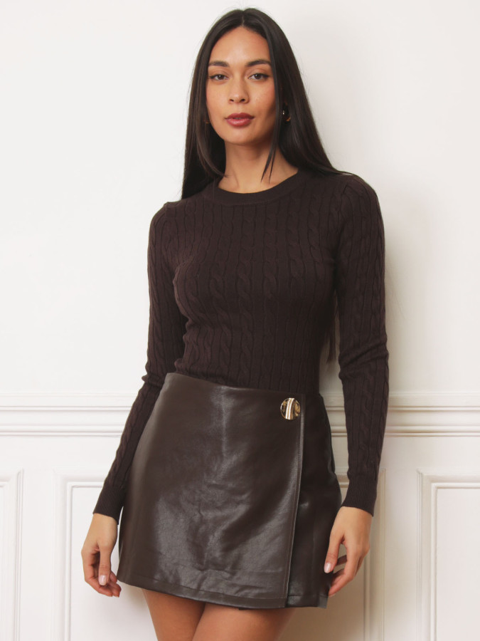 Jupe-short style portefeuille en simili marron