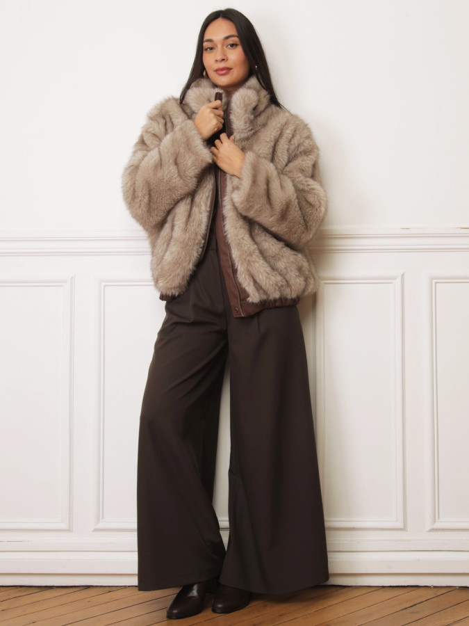 Manteau marron réversible en suédine et fausse fourrure