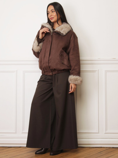 Manteau marron réversible en suédine et fausse fourrure