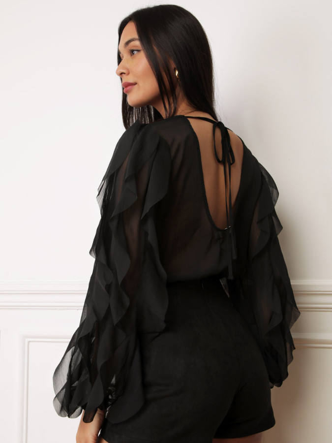 Blouse cropped noire à volants