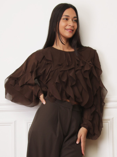 Blouse cropped marron à volants