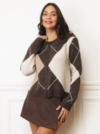 Gilet jacquard à losanges marron