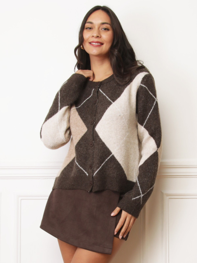 Gilet jacquard à losanges marron