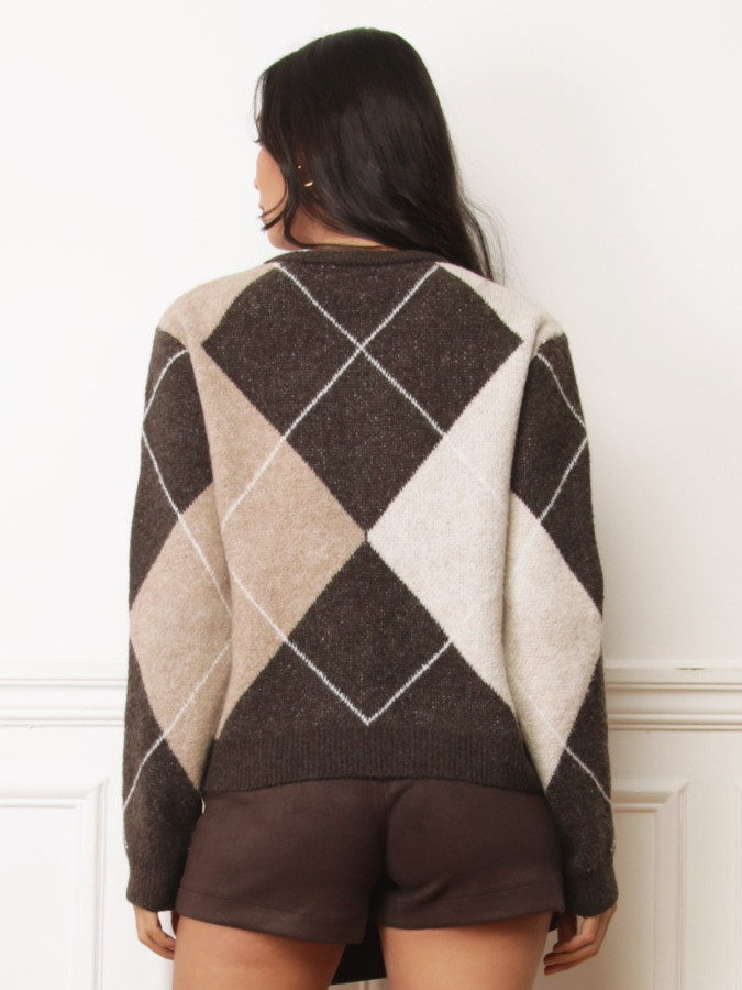 Gilet jacquard à losanges marron