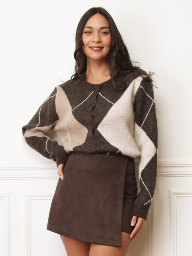 Gilet jacquard à losanges marron