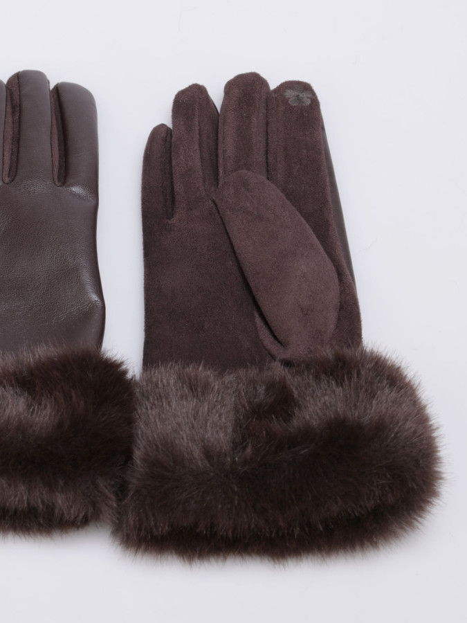 Gants marron bi-matières avec revers fausse fourrure