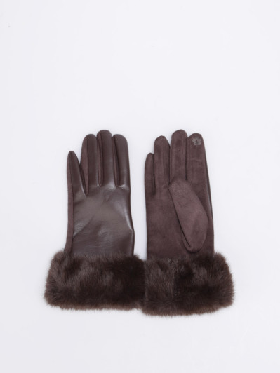 Gants marron bi-matières avec revers fausse fourrure