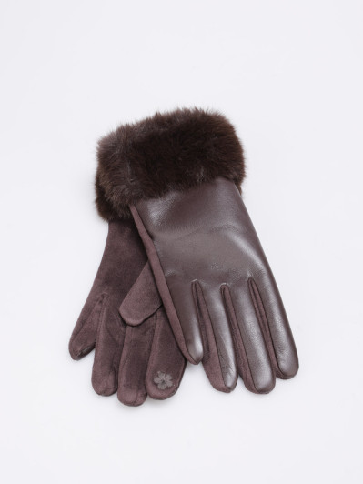 Gants marron bi-matières avec revers fausse fourrure